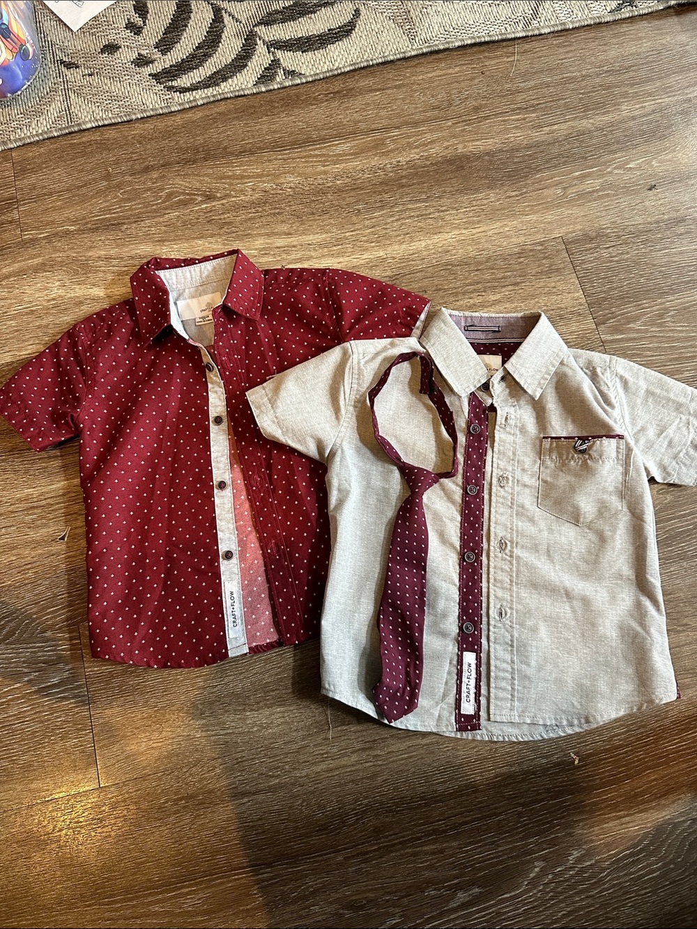Kids Short-Sleeve Button-Down Shirt Set with Burgundy Polka Dot Accents